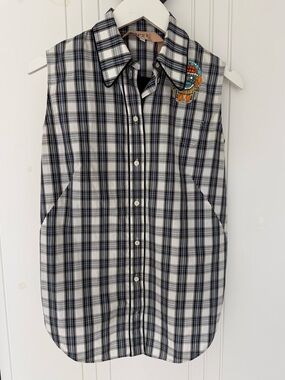 N°21 Sleeveless Plaid Shirt with beaded & Embroidered patch.